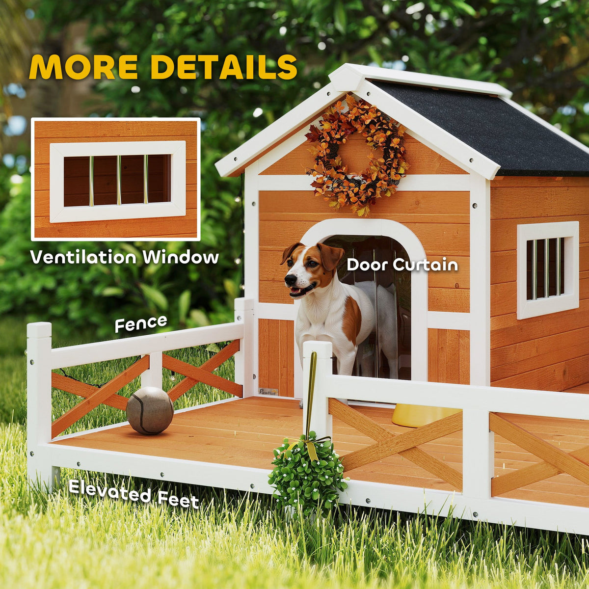 Outdoor Wooden Dog House, Dog Shelter with Large Porch, Weatherproof & Openable Roof, Elevated Base, Removable Floor