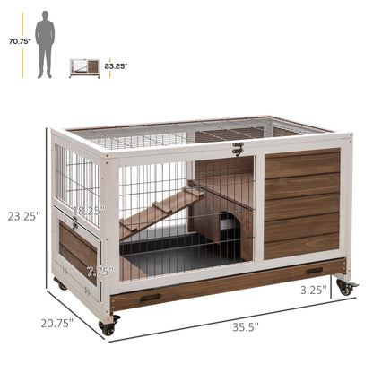 Indoor Rabbit Enclosure, On Wheels, Indoor Bunny Cage Small Animal House With Pull Out Tray Casters Ramp, 35.5 X 21 X 23, Brown