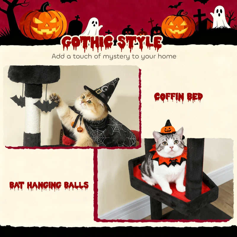Gothic Cat Tree, Cat Tower With Coffin Bed, 2 Spacious Condos, Sisal Scratching Posts, Bat Hanging Balls, Halloween