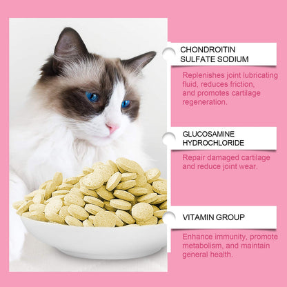 Cat Joint Health Support Tablets, Glucosamine Joint Supplement For All Breeds & Sizes Cats, 80 Count Joint Care Chewable Tablets To Relieve Joint Discomfort
