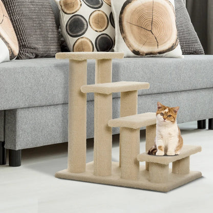 4-Step Multi-Level Carpeted Cat Scratching Post Pet Stairs, Cream White