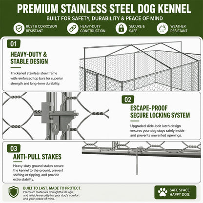 15x10 FT Large Outdoor Dog Kennel with Canopy, Heavy Duty Galvanized Steel Frame, Waterproof Cover, Built-in Elevated Feeding Bowls, Escape-Proof Lockable Pet Playpen for Large Dogs & Multiple Animal