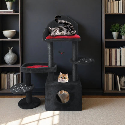 Black Gothic Cat Tree, Multi-Level Spooky Cat Tree with Scratching Posts, Perches, Hammock, and Cat Cave - Black Cat Tower for Indoor Cats with Interactive Toy, Perfect for Multiple Cats 44.5in