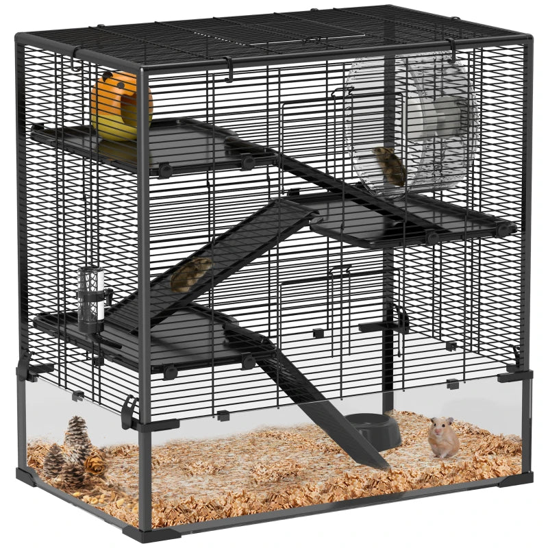 4 Tier Hamster Cage With Deep Tempered Glass Bottom, Running Wheel, Hut, Water Bottle, Food Dish,