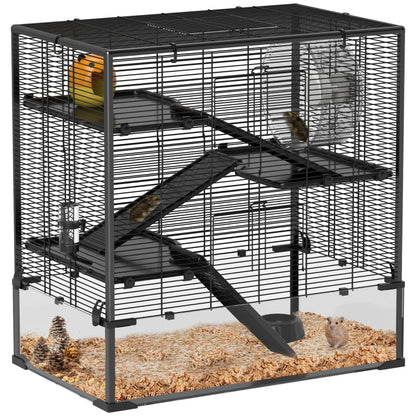 4 Tier Hamster Cage With Deep Tempered Glass Bottom, Running Wheel, Hut, Water Bottle, Food Dish,