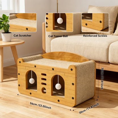 Double Door Design Cat Scratcher Sofa, 56cm Large Size, With 2 Teaser Balls, For Large & Multi-Cat Households
