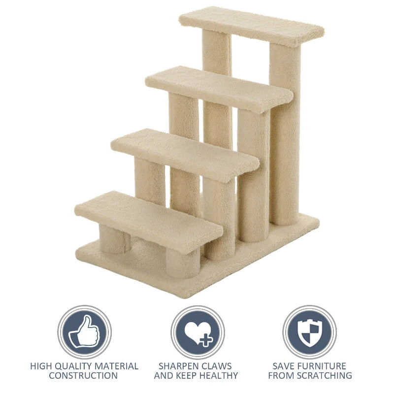 4-Step Multi-Level Carpeted Cat Scratching Post Pet Stairs, Cream White