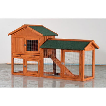 Large Wooden Rabbit Hutch, 2 Story Outdoor Bunny Cage With Waterproof Asphalt Roof, Pull-Out Tray  Ramp, Fir Wood Pet House For Rabbits, Chickens, Guinea Pigs Brown  Green
